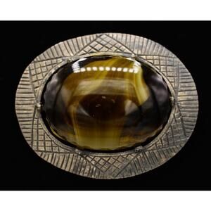 CoroCraft VIntage Cabochon Pin Brooch Oval Gunmetal Large Chunky Signed BinAH